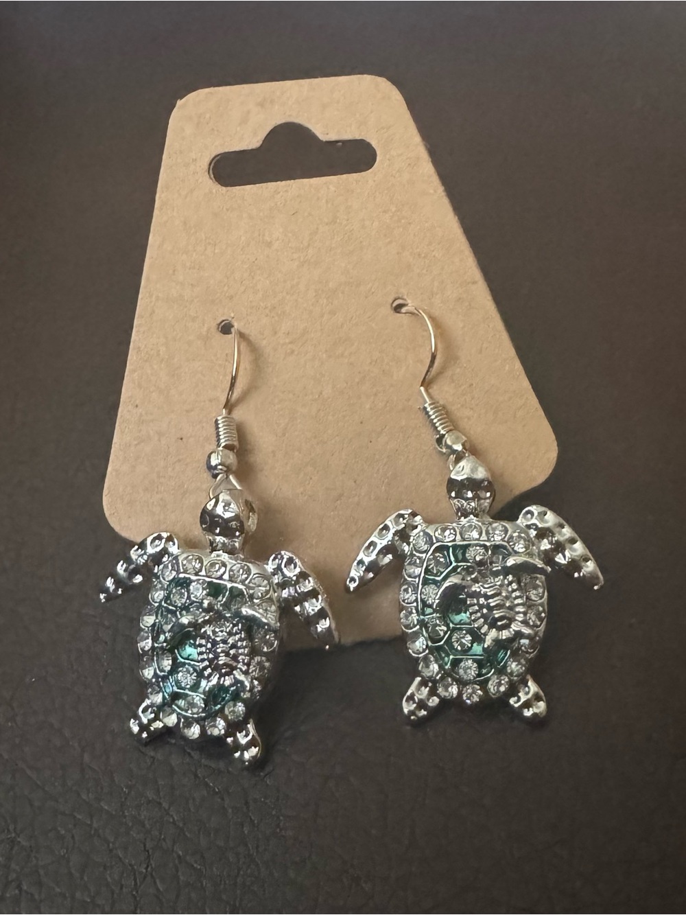 NWT Silver Turtle Drop Earrings with Teal and Clear Stones, Summer Earrings
